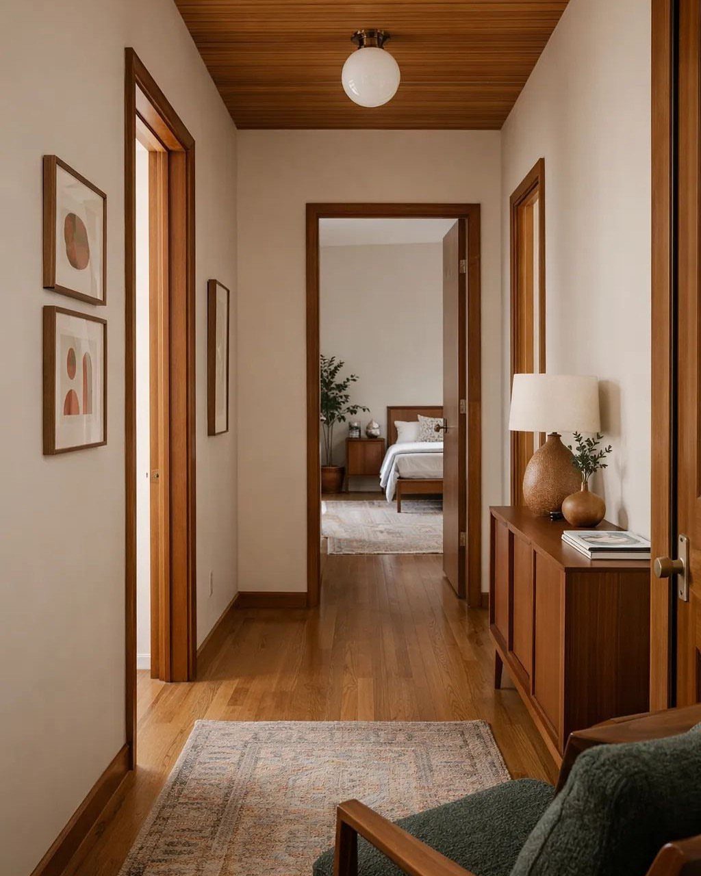 9 Vinyl Floor Colors for Every Room in 2026 4 Warm wood flooring and paneled ceiling in a modern hallway with wooden furniture and door frames.