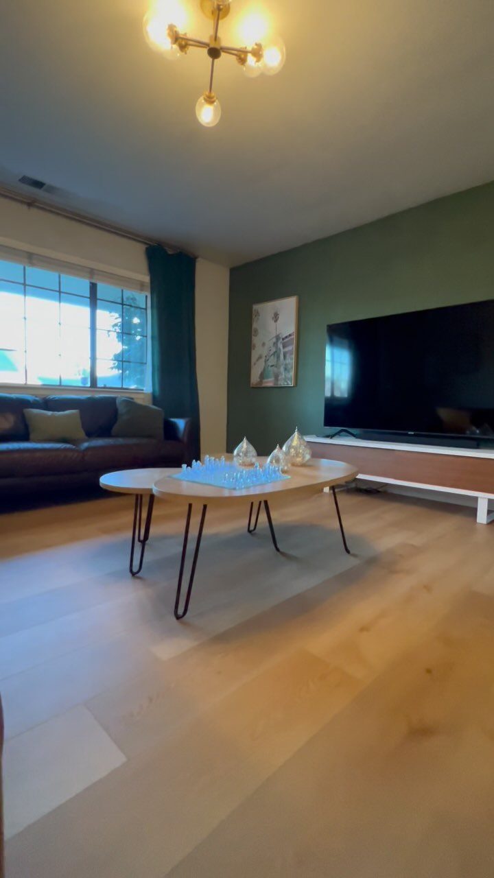9 Vinyl Floor Colors for Every Room in 2026 6 Light-colored wood-look vinyl flooring in a modern living room with a green wall and dark sofa.