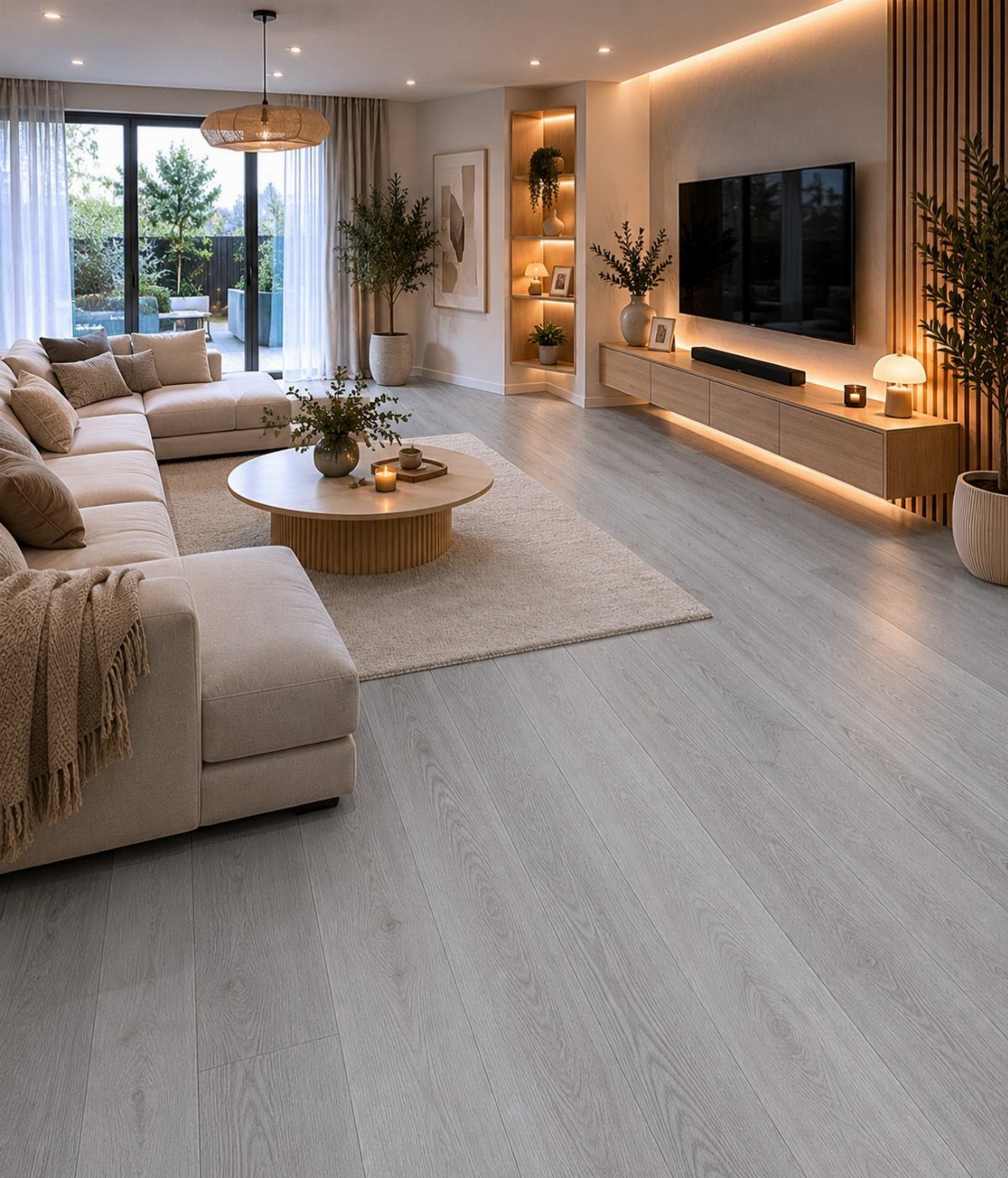 9 Vinyl Floor Colors for Every Room in 2026 2 Light gray wood-textured flooring in a modern, brightly lit living room with beige furniture.