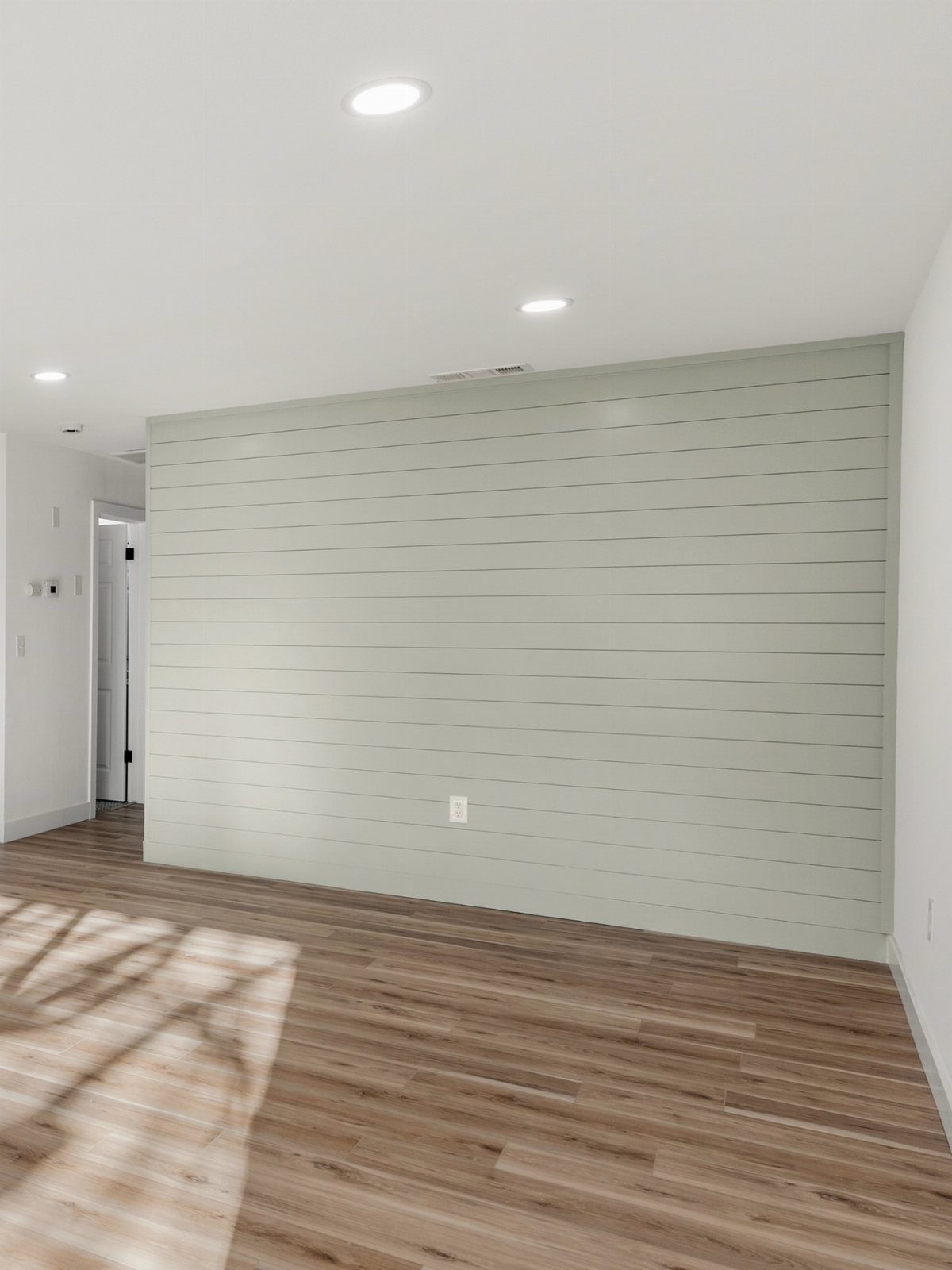 9 Wall Paneling Accent Wall Ideas for Every Room 3 Horizontal sage green shiplap paneling on an accent wall in a room with wood floors.