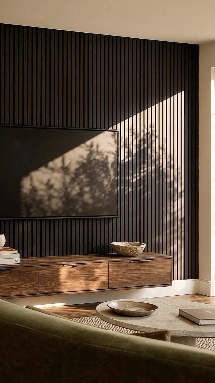 9 Wall Paneling Accent Wall Ideas for Every Room 6 Vertical dark wood slat wall panels behind a television and wooden media console in a sunlit room.