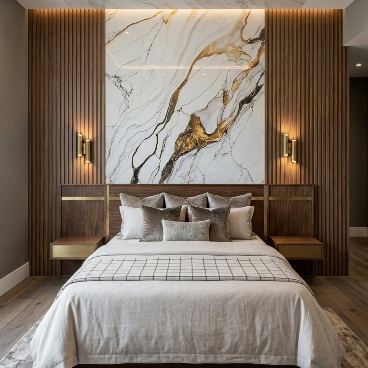 Marble patterned headboard panel flanked by vertical wooden slat wall paneling in a modern bedroom.