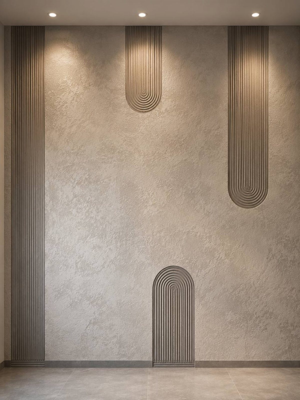 Wall Texture Design: 12 Ideas for Every Room 5 Textured beige wall with vertical geometric patterns and recessed ceiling lighting.