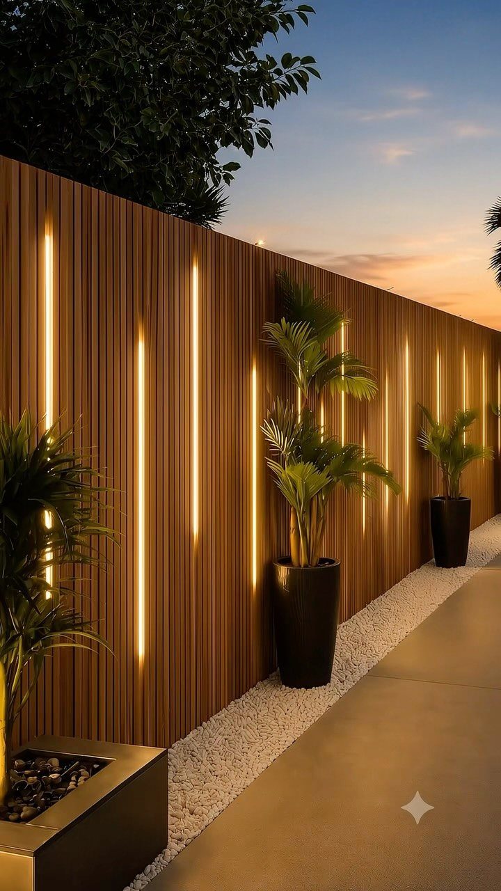 Wall Texture Design: 12 Ideas for Every Room 6 Vertical wooden slats on a fence illuminated by long, warm LED light strips at sunset.