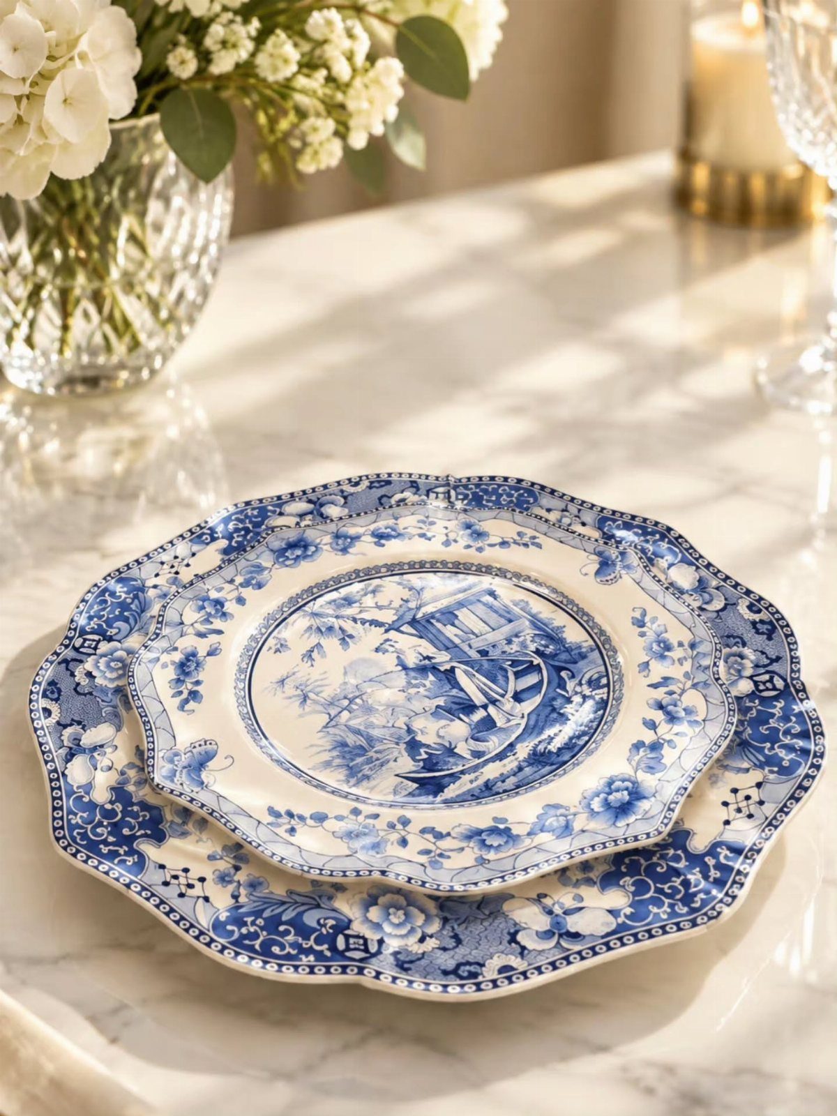 Blue and white vintage ceramic plates stacked on a white marble tabletop.