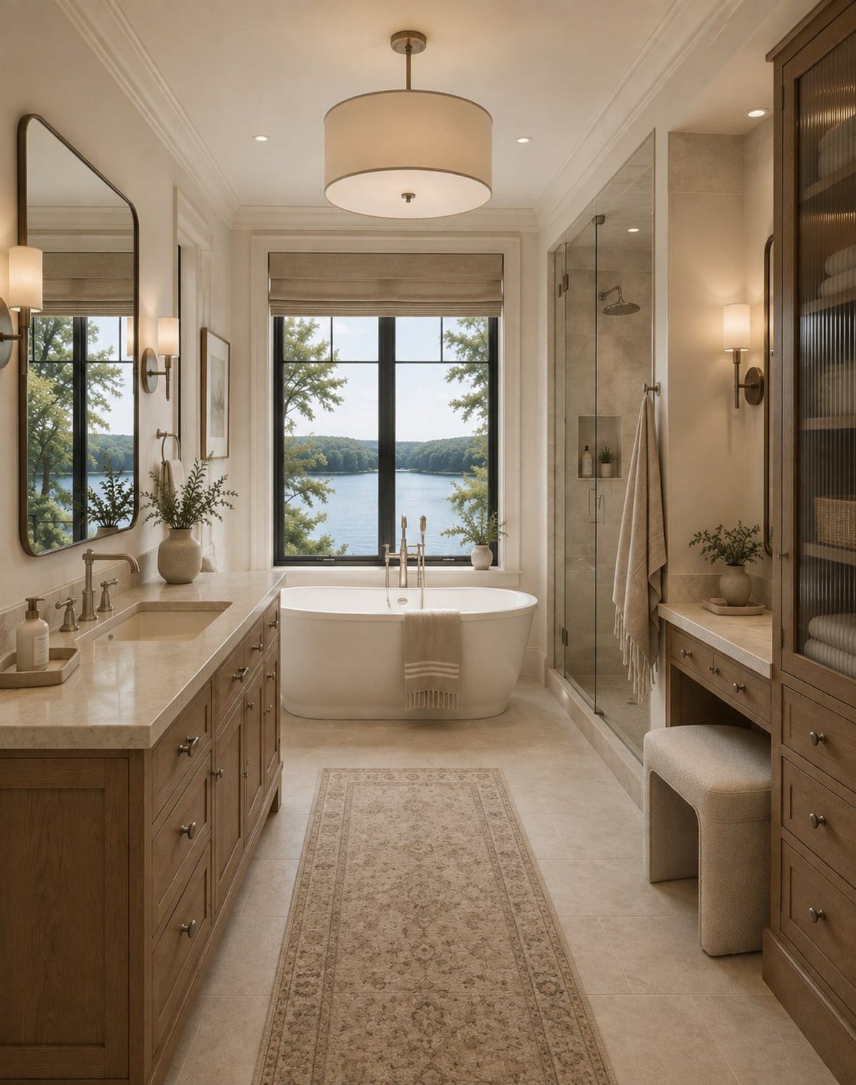Bright bathroom with white walls, light wood cabinets, and a freestanding white bathtub.