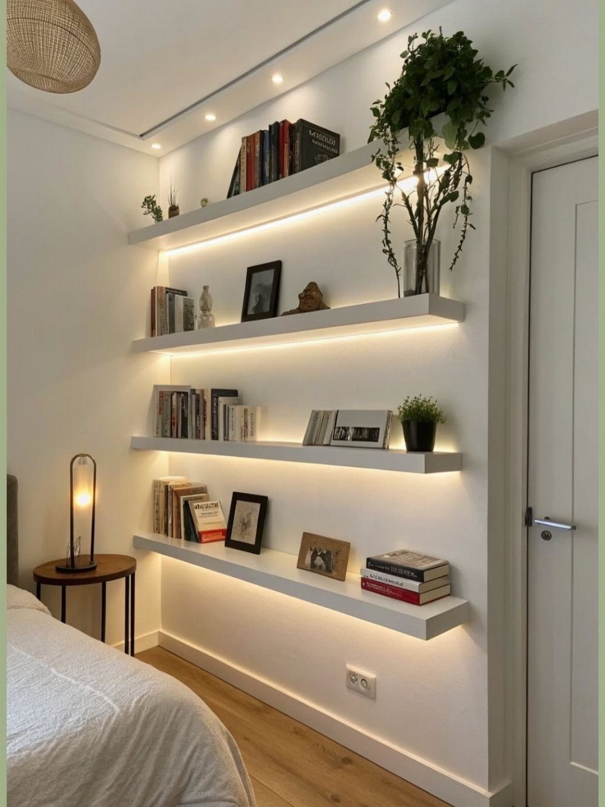White floating shelves with under-lighting displaying books and decor on a white wall.
