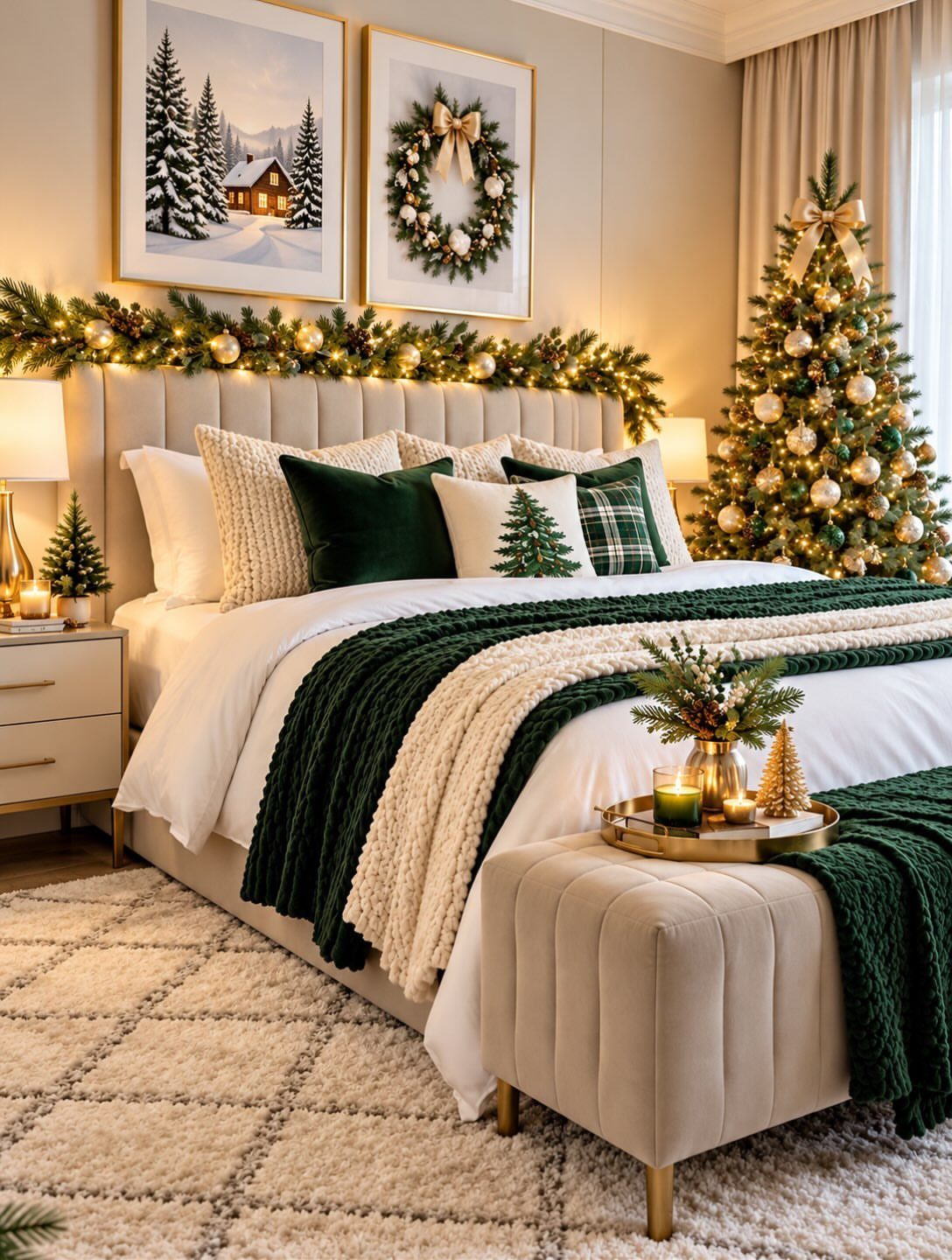 Bed with white linens and green velvet pillows decorated for the Christmas holiday.