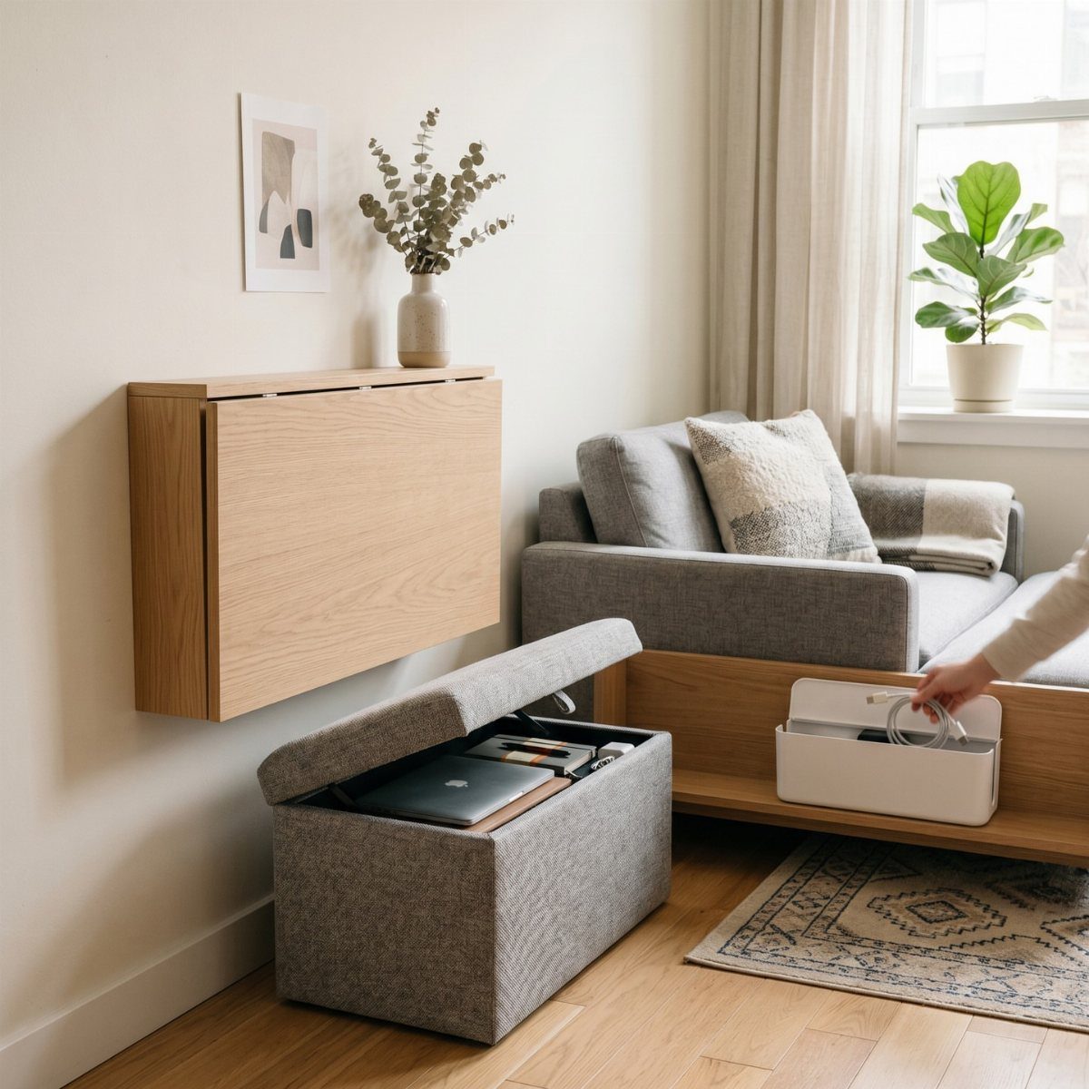 Living room with white walls and organized storage bins and a grey ottoman.