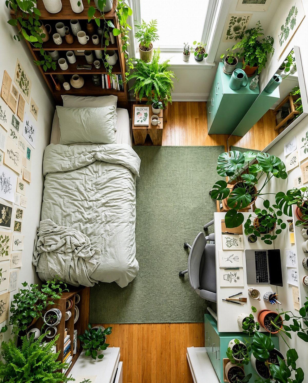 Small bedroom with white walls, light wood floors, and many lush green potted plants.