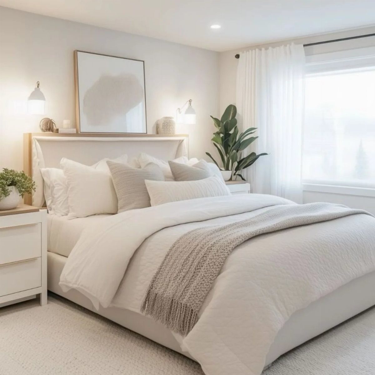 White bed with textured linens and a grey knit throw blanket in bright room