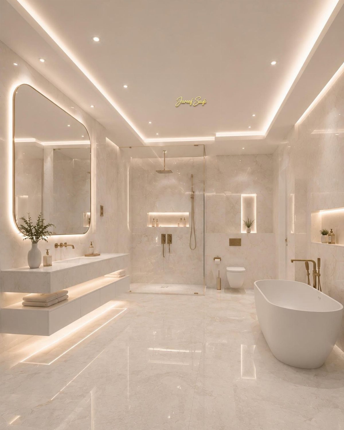 Modern all-white bathroom with marble surfaces, freestanding tub, and warm recessed lighting.