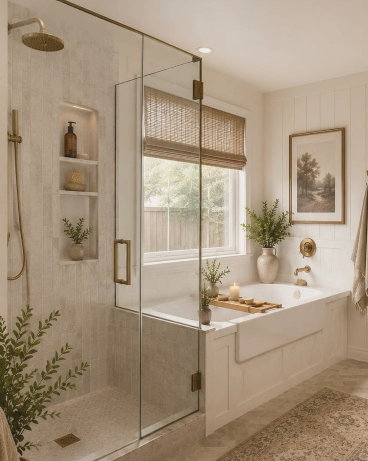 Bright white bathroom with a glass shower, white bathtub, and woven window shade.