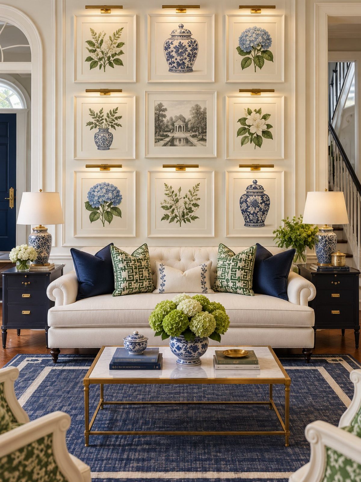 White sofa and gallery wall of botanical prints in a bright living room.