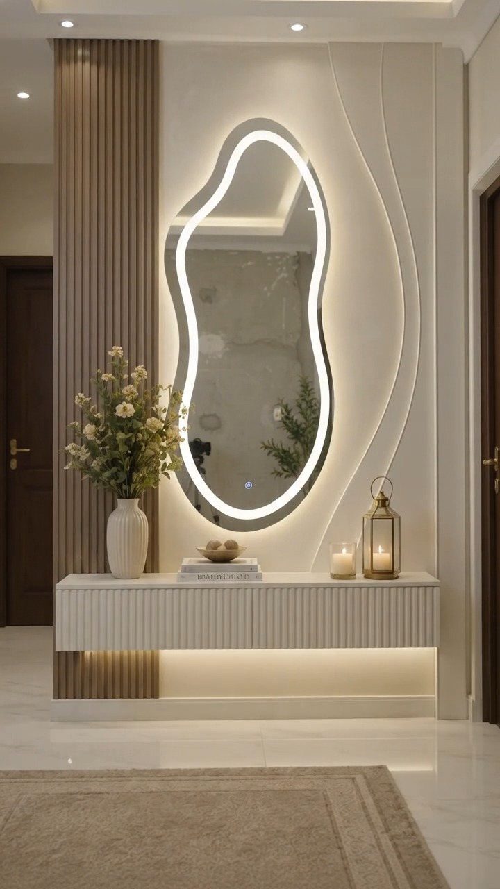 Backlit organic shaped mirror above a white fluted console table in a modern entryway