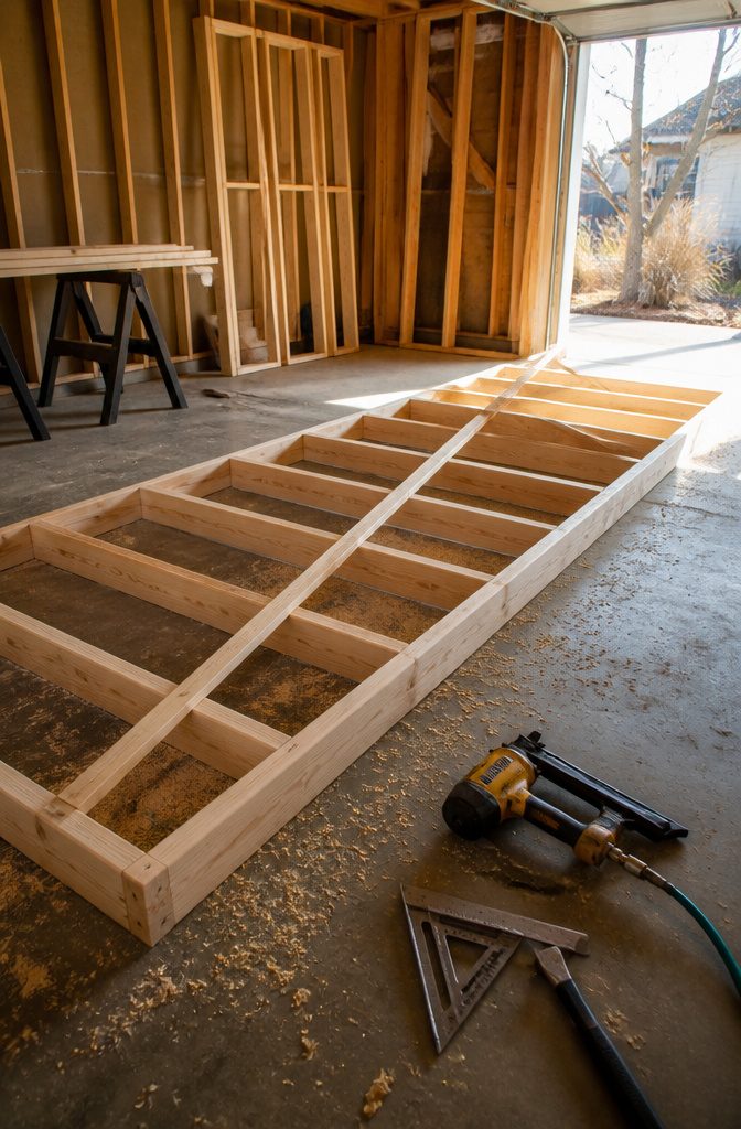Wood Framing Wall: From Lumber Selection to Interior Finish 3 Flat wall frame on the garage floor, with studs and plates assembled.
