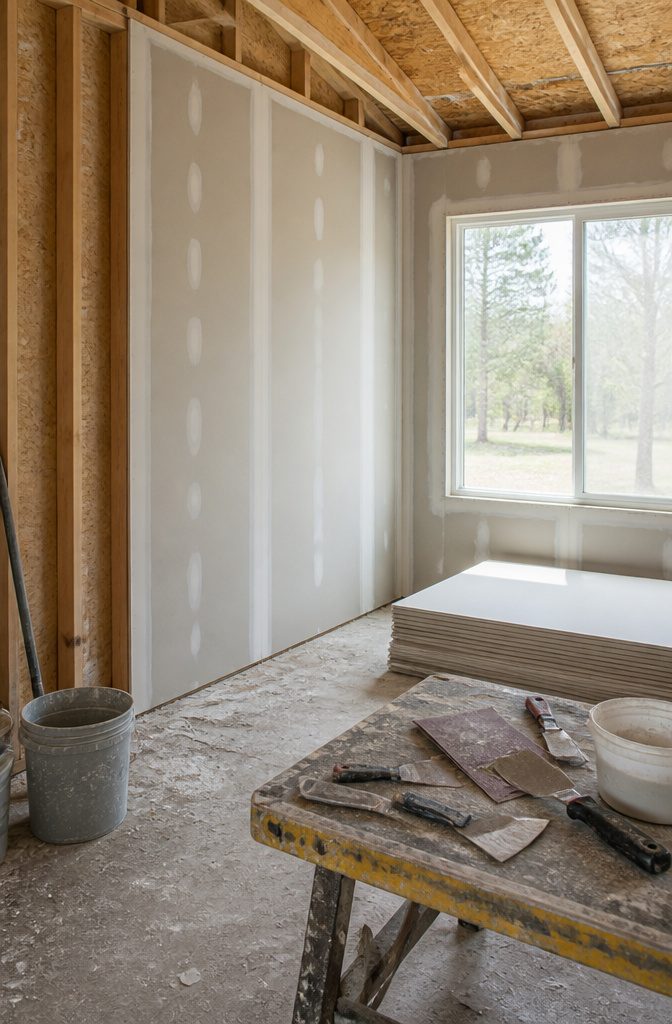 Wood Framing Wall: From Lumber Selection to Interior Finish 8 Drywall sheets hung on a wooden frame, showing unfinished joints.