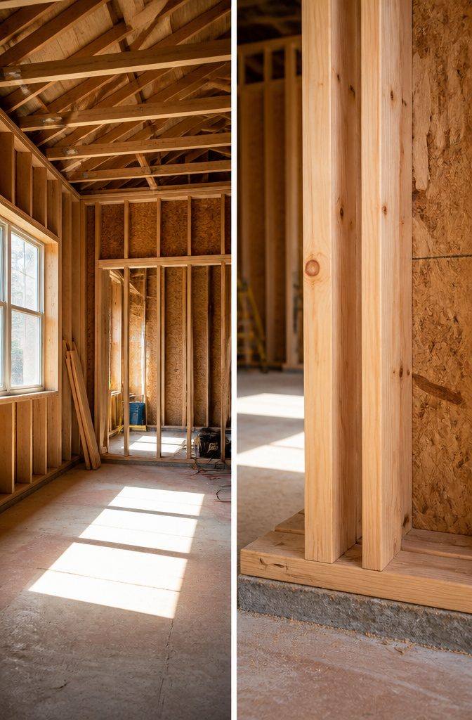 Wood Framing Wall: From Lumber Selection to Interior Finish 11 Diagram showing studs, plates, headers, and sheathing in a wood framing wall.