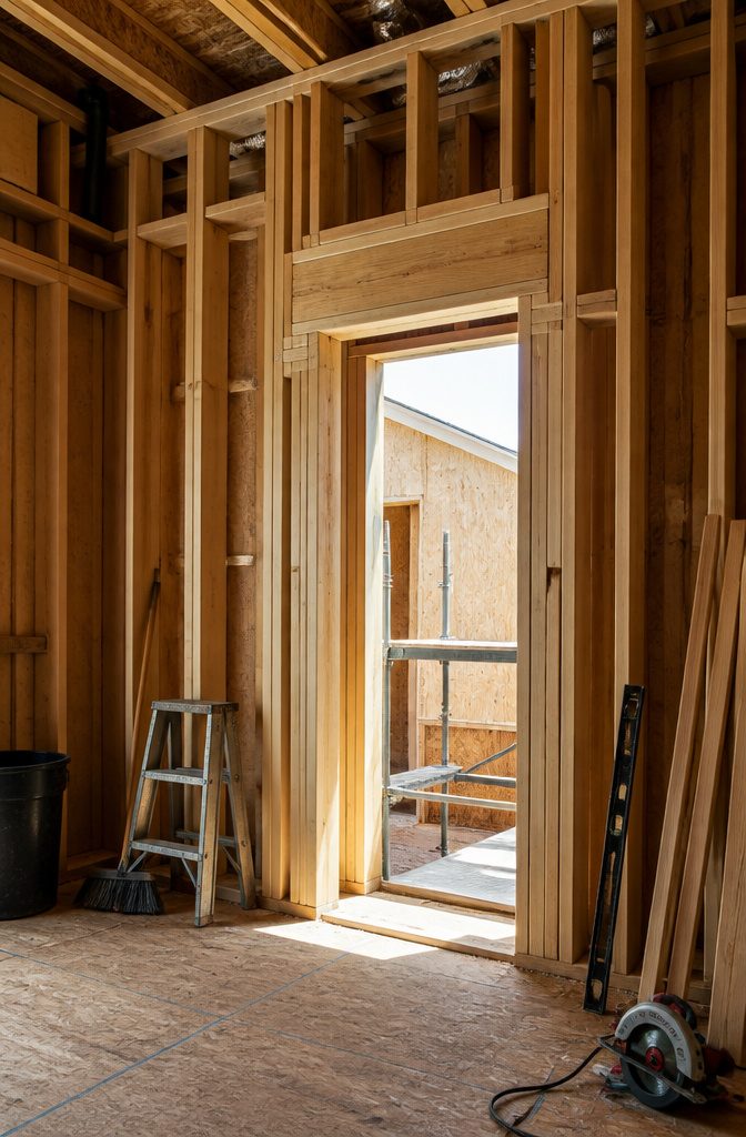 Wood Framing Wall: From Lumber Selection to Interior Finish 4 Framed wall showing a door opening supported by a doubled 2x10 header.
