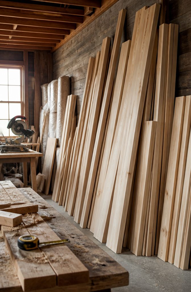 Wood Framing Wall: From Lumber Selection to Interior Finish 1 Neatly stacked lumber boards, primarily 2x4s and 2x6s, against a workshop wall.