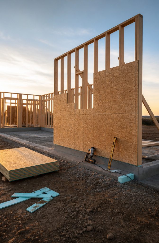 Wood Framing Wall: From Lumber Selection to Interior Finish 6 Plywood and OSB sheathing applied to a wood framing wall for stability.