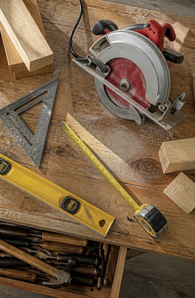 Wood Framing Wall: From Lumber Selection to Interior Finish 9 Circular saw, tape measure, and framing square on a subfloor by cut lumber.