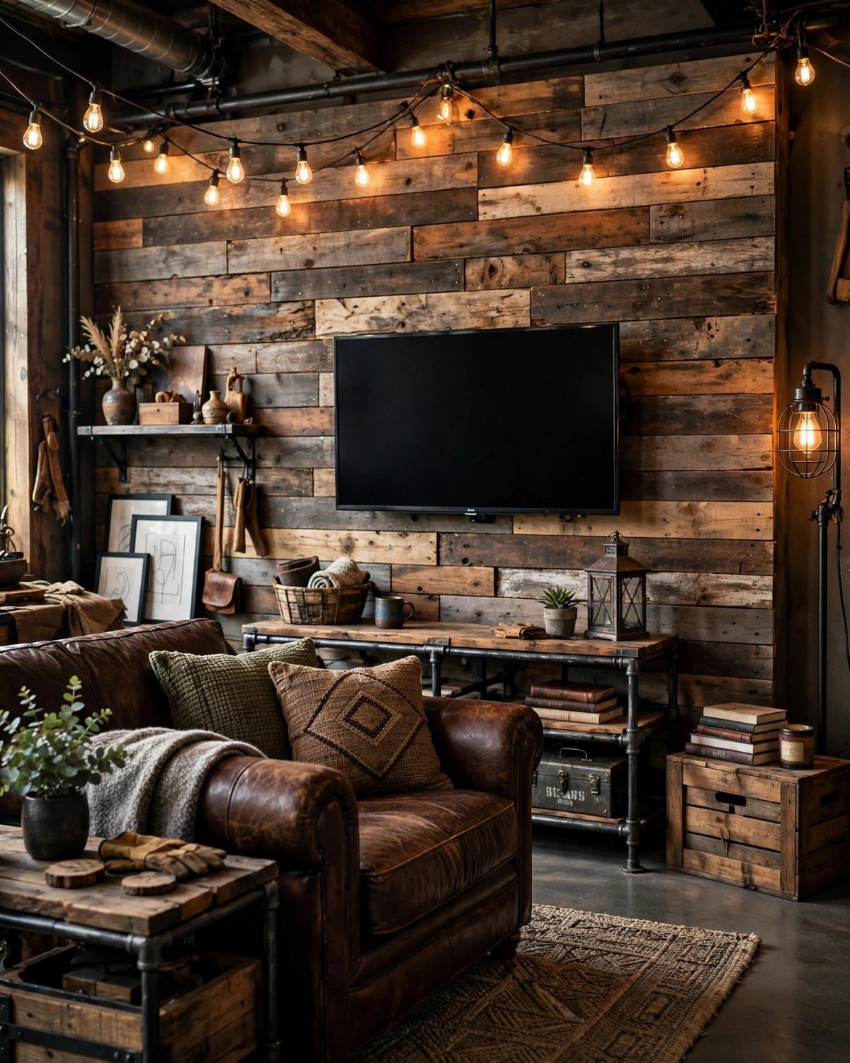 10 Wood Wall Ideas Living Room Spaces Need Now 3 Aged barn wood planks covering a living room wall behind a leather sofa and television.