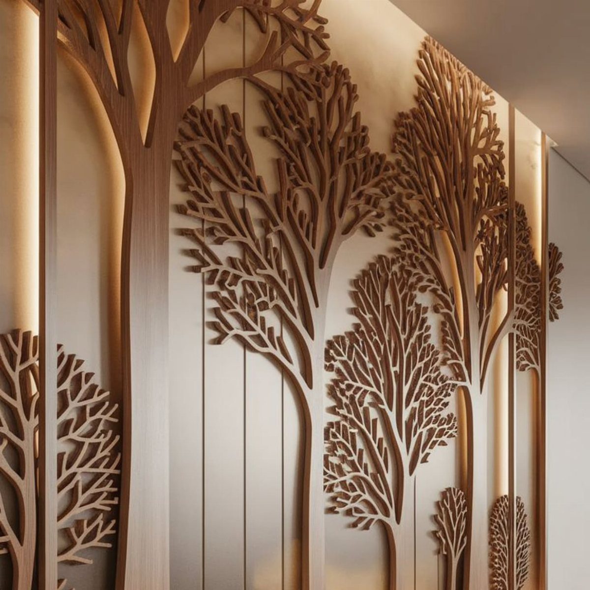 10 Wood Wall Ideas Living Room Spaces Need Now 8 Carved wooden tree silhouettes mounted on a backlit wall with warm ambient lighting.
