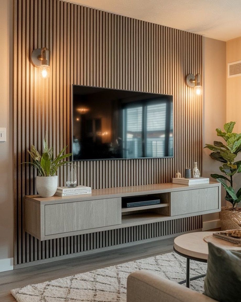 10 Wood Wall Ideas Living Room Spaces Need Now 5 Vertical fluted wood panels serve as an accent wall behind a television and floating console.