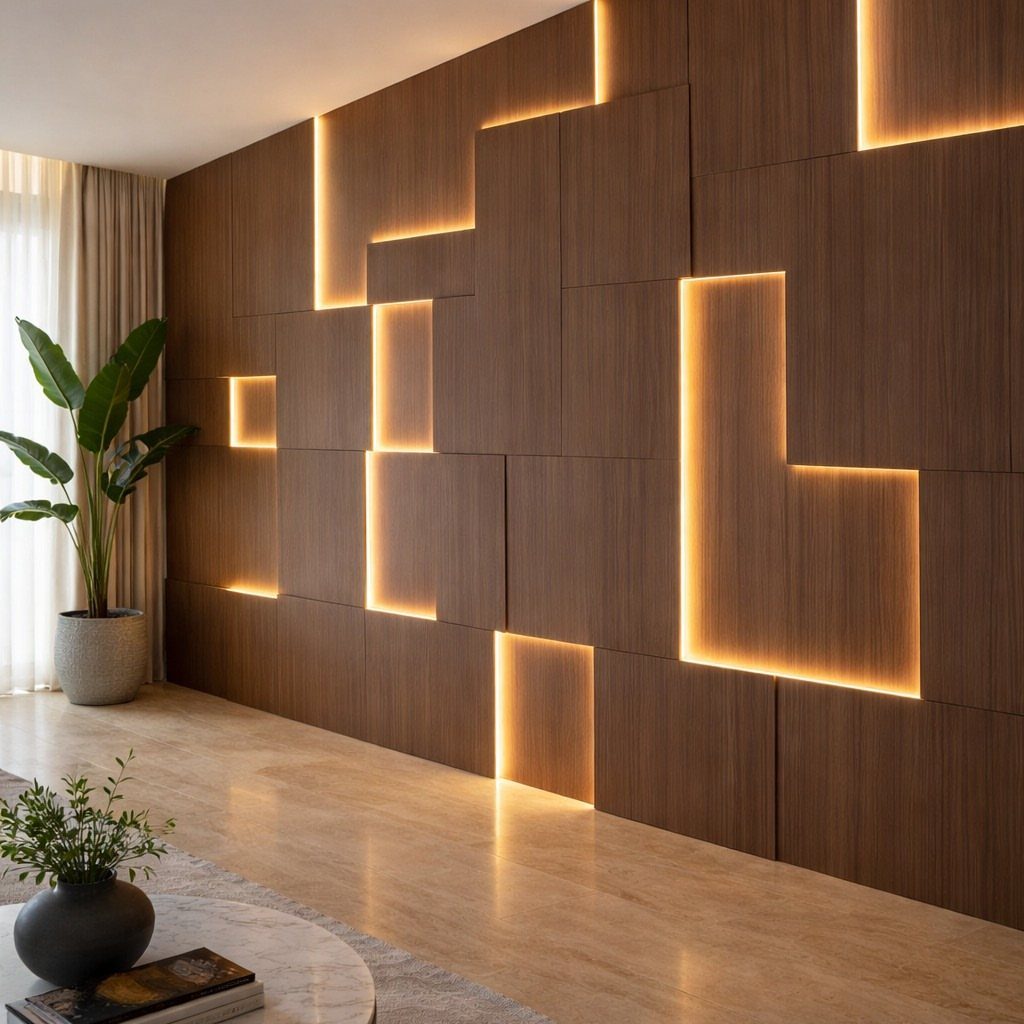 10 Wood Wall Ideas Living Room Spaces Need Now 7 Geometric dark wood wall panels with integrated warm glowing LED light strips in a modern living room.