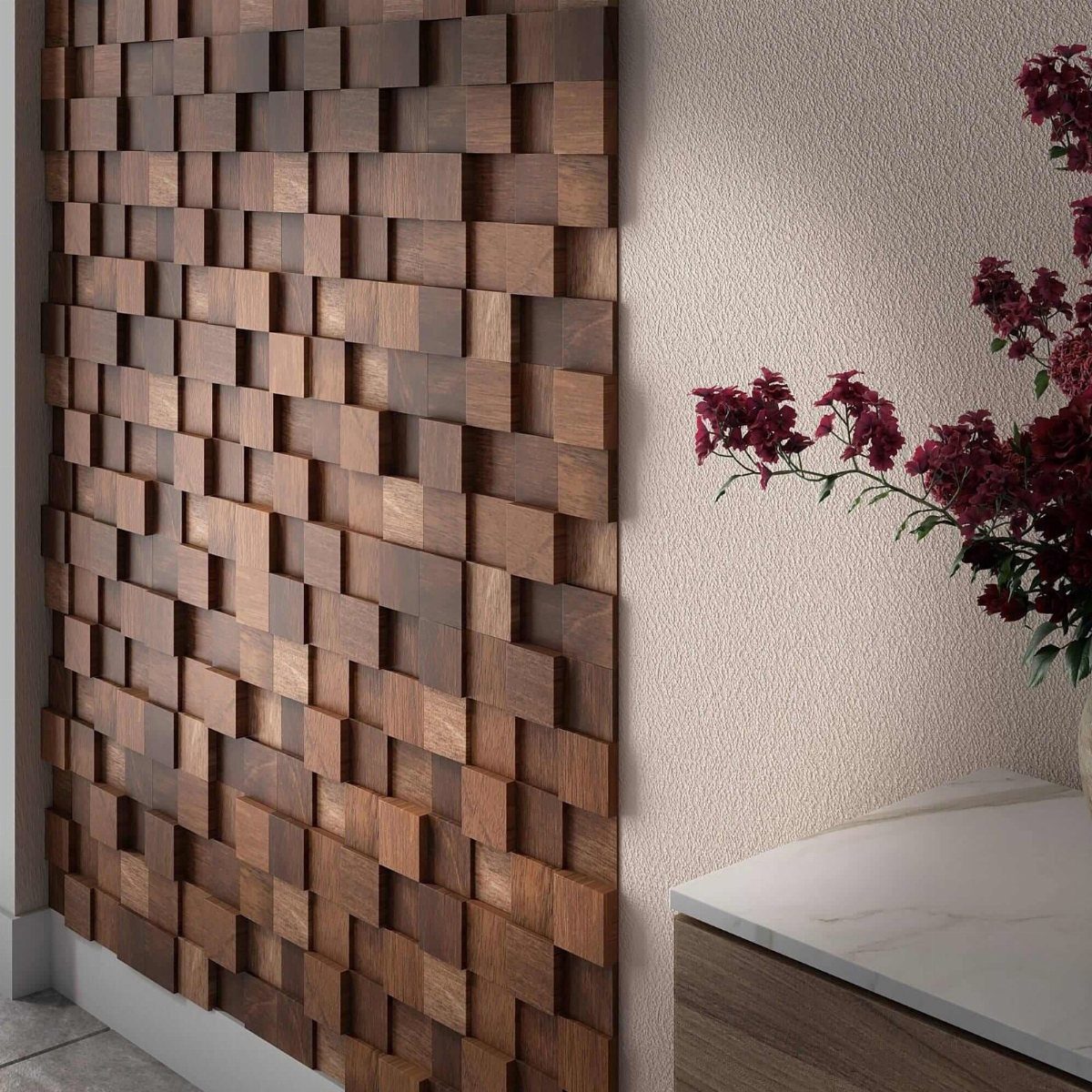 10 Wood Wall Ideas Living Room Spaces Need Now 4 Geometric 3D mosaic wall composed of staggered dark wood blocks next to a white marble surface.