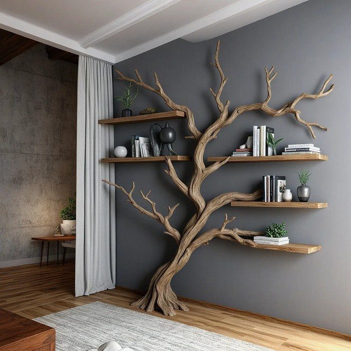 10 Wood Wall Ideas Living Room Spaces Need Now 6 A tree-shaped wall sculpture with wooden shelves holding books and plants against a gray wall.