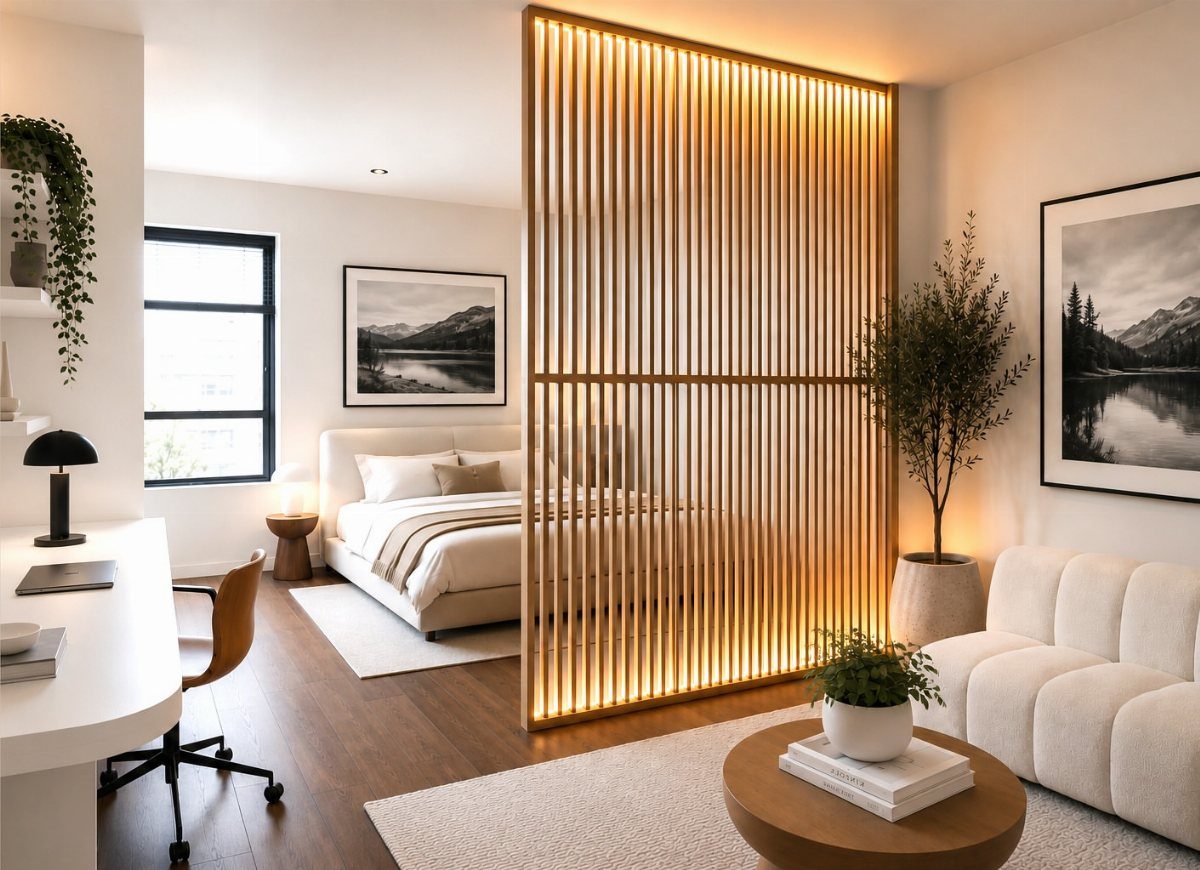 10 Wood Wall Ideas Living Room Spaces Need Now 1 Vertical wood slats with warm backlighting acting as a room divider in a modern interior.