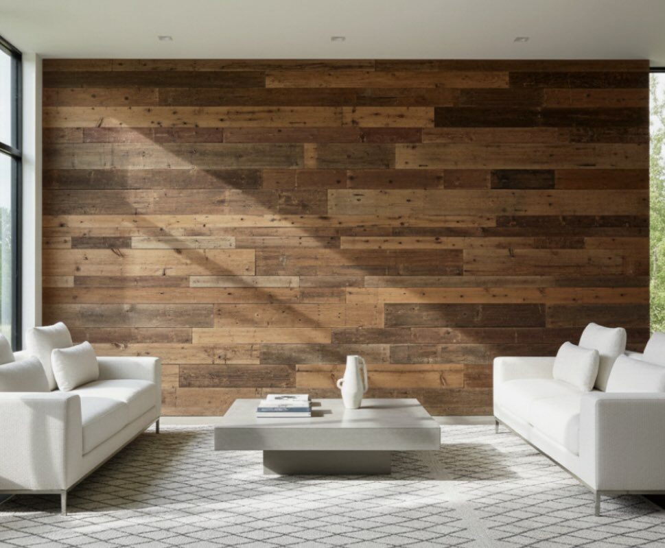 10 Wood Wall Ideas Living Room Spaces Need Now 2 Horizontal wooden planks of varying widths and brown tones cover a large living room accent wall.