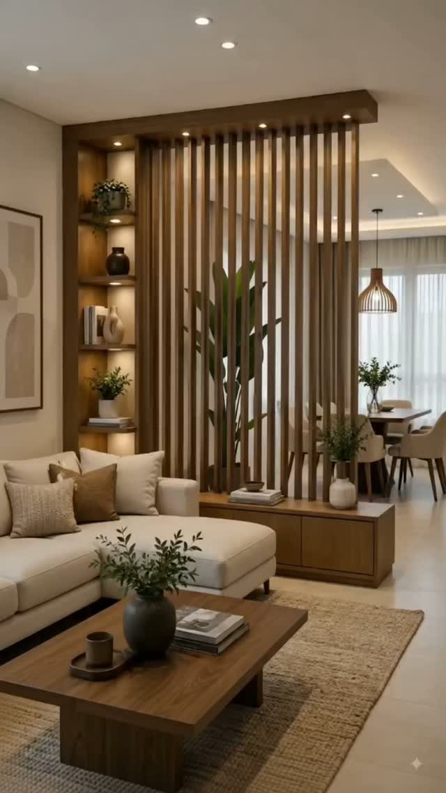 10 Wood Wall Ideas Living Room Spaces Need Now 9 Vertical wooden slats create a decorative room divider in a modern living room with a cream sofa.