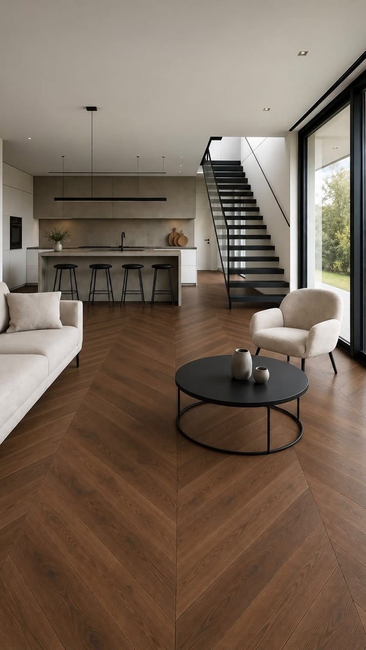 Chevron patterned dark wood flooring in a modern, minimalist living room with white furniture.