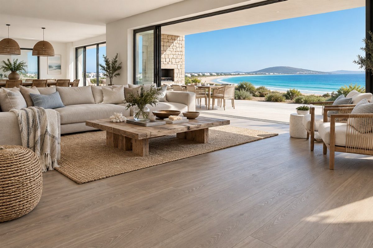 Light grey wooden flooring in a modern living room overlooking a sunny beach.