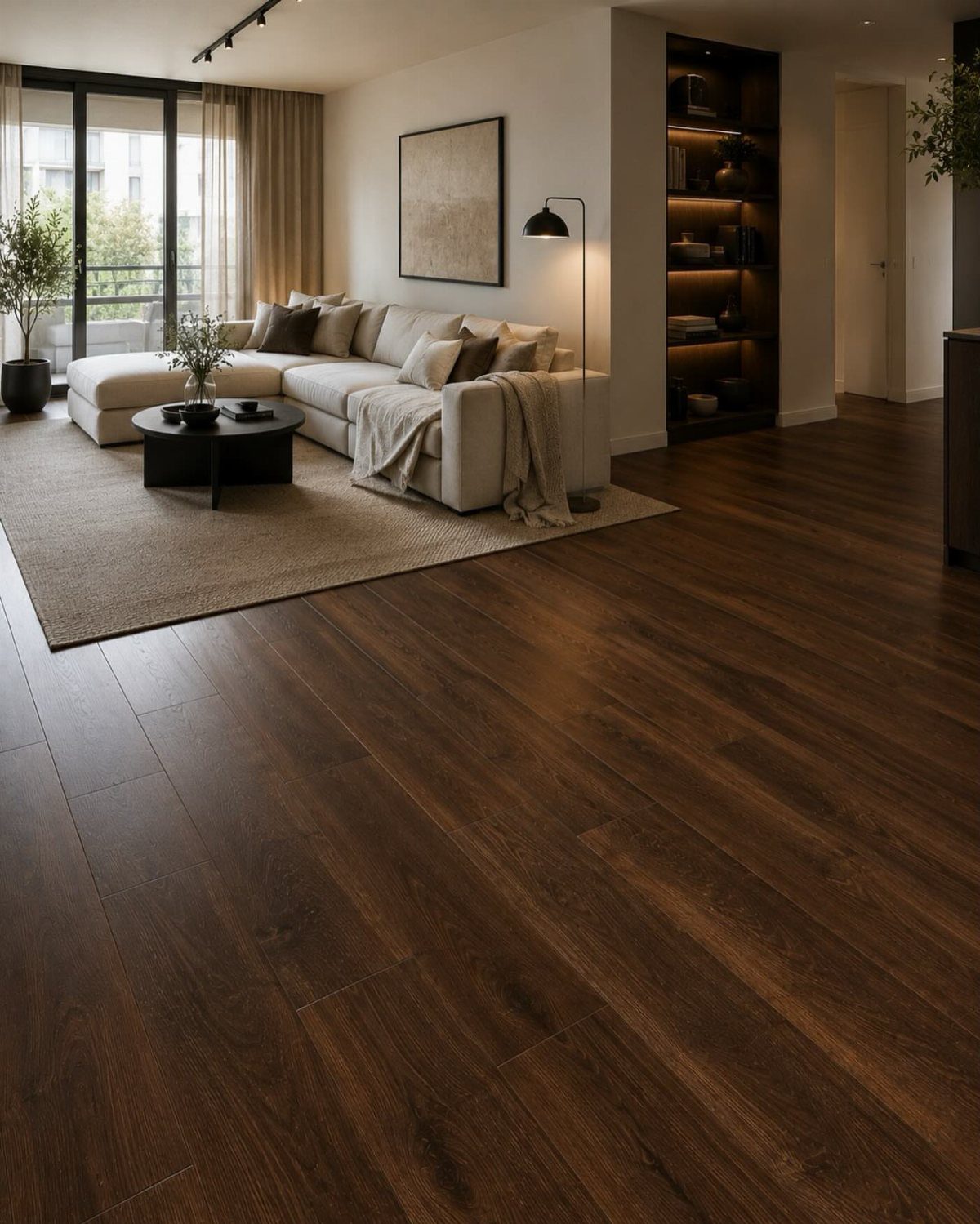 Dark brown wooden plank flooring in a modern living room with a cream sofa.